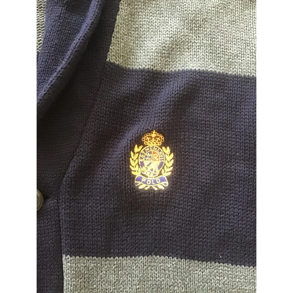 Polo Ralph Lauren Shawl Collar Cardigan Sweater Navy Grey Striped Crest Logo XL